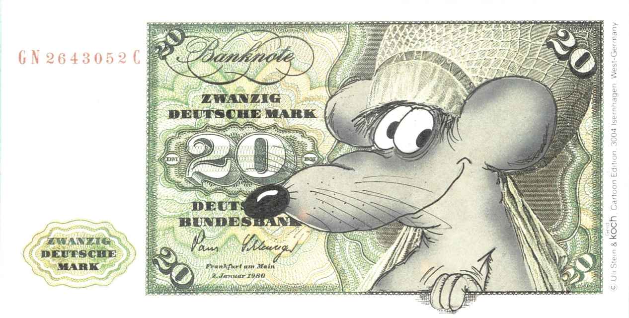 Bild vergrössern: Alte 20 Deutsche Mark- Banknote mit Mäusekopf