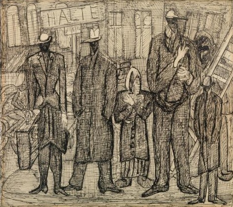 Max Beckmann, Haltestelle, 1945, Collection Museum Boijmans Van Beuningen, Rotterdam, Foto: Tom Haartsen Zeichnung von mehreren stehenden Figuren vor einer Häuserzeile mit einem Schild auf dem 'HALTE' steht
