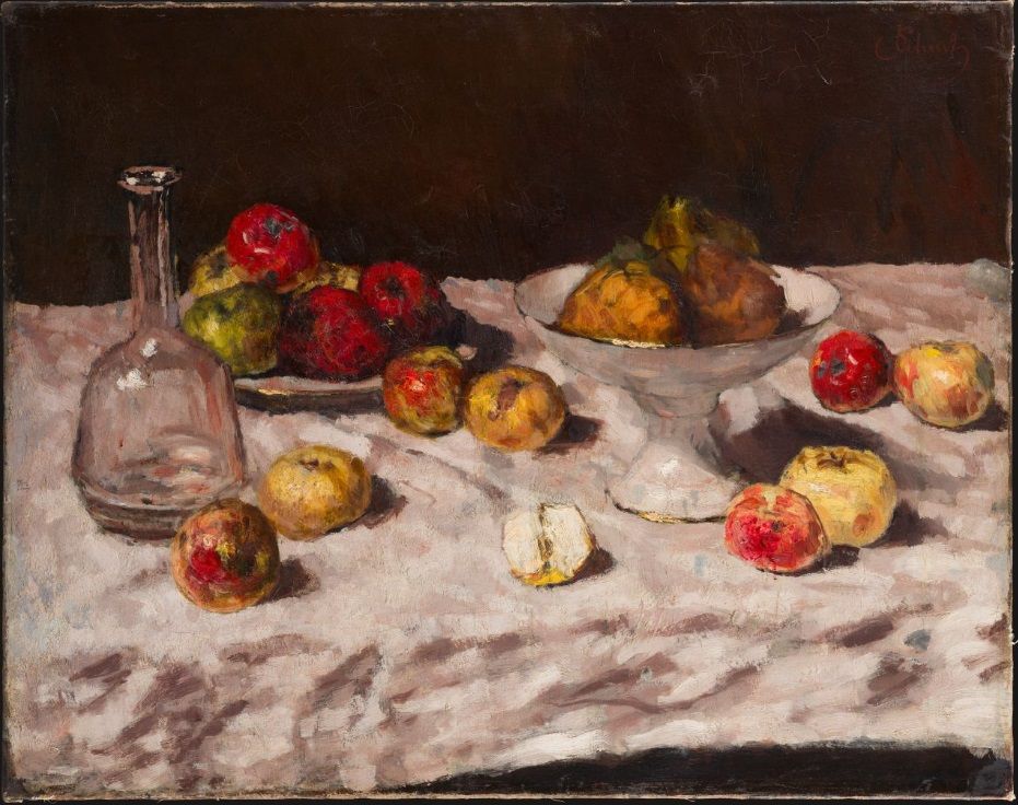 Carl Schuch, Äpfel auf Weiß, mit halbem Apfel, um 1886–1894, Frankfurt am Main, Städel Museum Stillleben-Gemälde mit vielen Äpfeln auf einem Teller, in einer Schale und einfach so auf einem Tisch mit weißem Tuch liegend, links eine Flasche