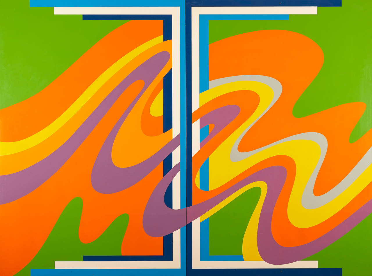 Enlarge image: Buntes Gemälde mit orangenen, gelben und lila Wellen auf grünem Grund und bauen und weißen Linien