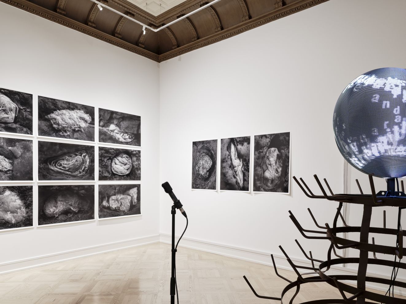 Enlarge image: Ausstellungsraum mit weißen Wänden, an denen Schwarz-Weiß-Fotografien hängen, in der Mitte ein Mikrophon und seitlich rechts ein Schwarz-Weißes Objekt