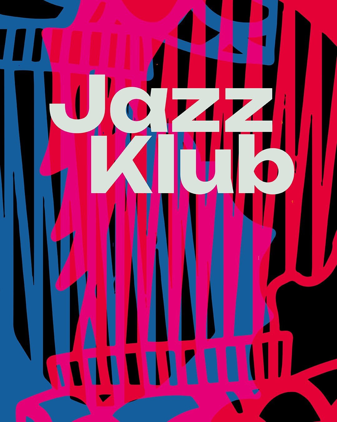Grafik/Graphic: Jasmin Kress, Illustration: Jan Buchczik © Museum Angewandte Kunst Flyer mit dem Titel 'Jazzklub' in weiß vor einem schwarz-blau-pinken abstrakten Hintergrund