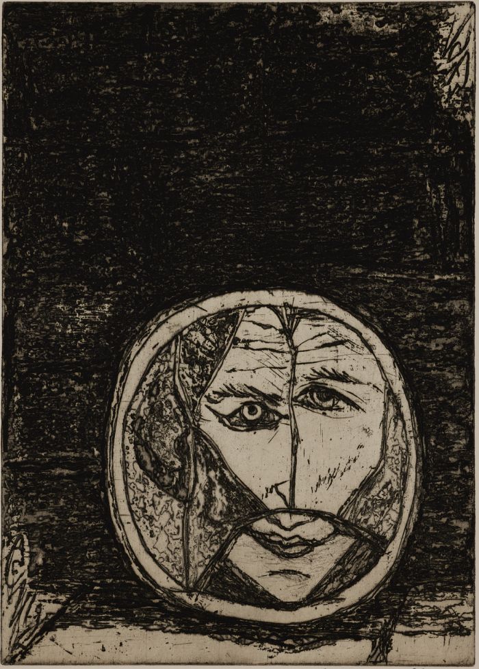 Léo Maillet, Der zerbrochene Spiegel © Nachlass Léo Maillet Daniel Maillet und Nikolaus Mayer Druckgrafik mit einem Gesicht in einem runden Kreis und schwarzem Hintergrund