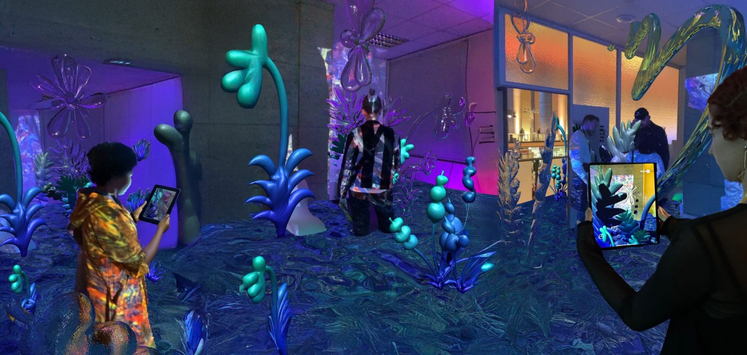 Nadine Kolodziey: Quelle, 2023–2025 AR-Installation © Nadine Kolodziey Bunte, animierte Darstellung eines Zimmers mit mehreren Personen mit digitalen Geräten in der Hand und Fantasie-Pflanzen