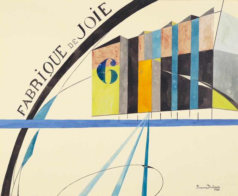 Suzanne Duchamp, Fabrique de Joie (Fabrik der Freude), 1920, Privatsammlung; Courtesy Galerie 1900-2000, Paris © Suzanne Duchamp / VG Bild-Kunst, Bonn Abstraktes Gemälde mit einem Gebäude und der Aufschrift 'Fabrique de Joie' links im Bild