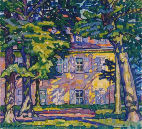 Enlarge image: Buntes Gemälde eines gelben Hauses mit Bäumen davor