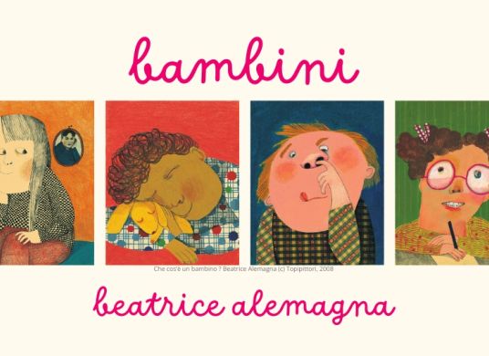 Vier Illustrationen von Kindern nebeneinander mit der Schrift "bambini – beatrice alemagna"