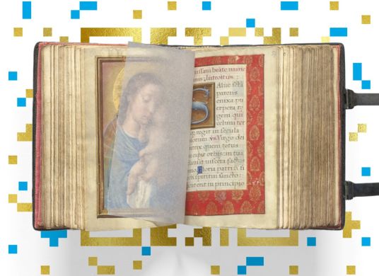 Mittelalterliches aufgeschlagenes Gebetsbuch mit Madonnenbild und aufwendiger Schriftmalerei