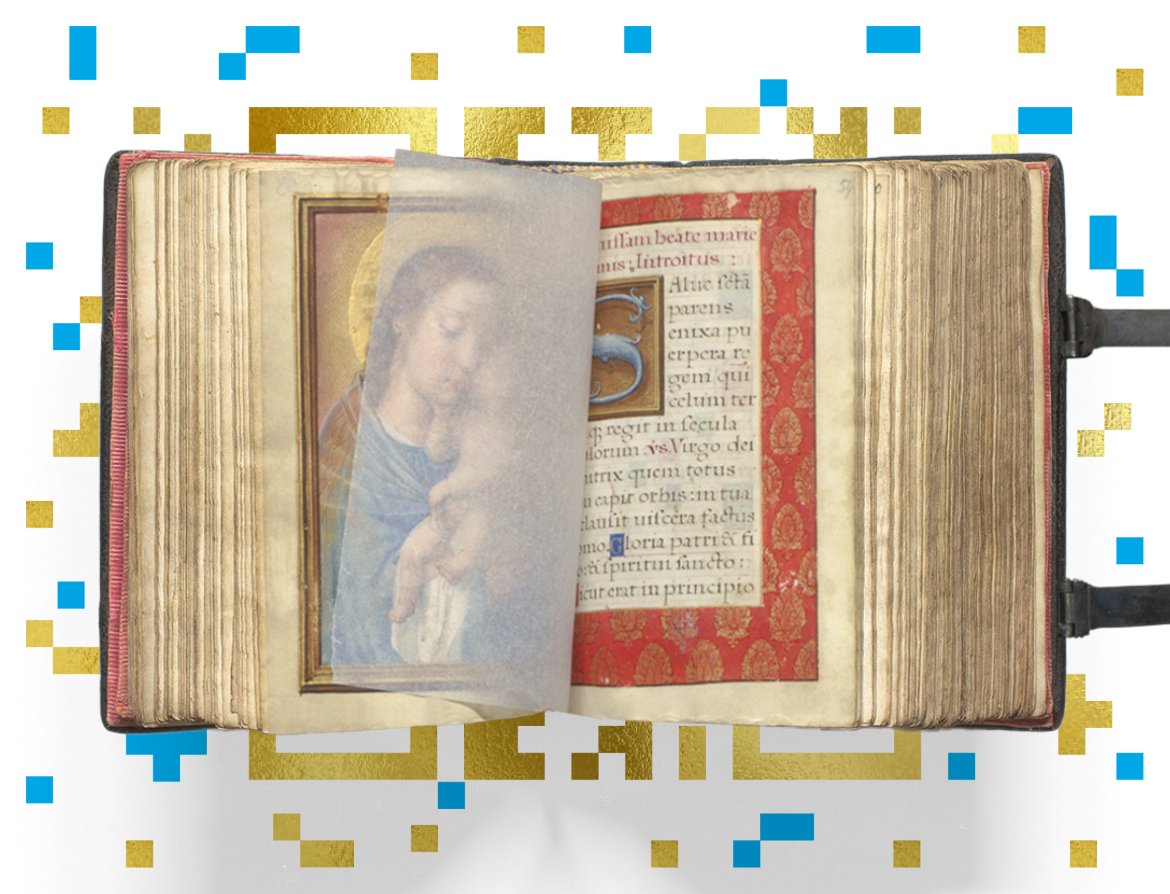 Mittelalterliches aufgeschlagenes Gebetsbuch mit Madonnenbild und aufwendiger Schriftmalerei